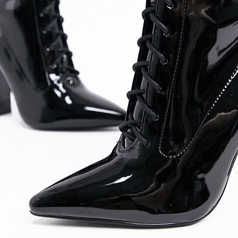 Black Patent Leather Pointed Toe Thick High Heel Short Boots Lace Up Side Zipper Large Ankle Boots Winter New Style