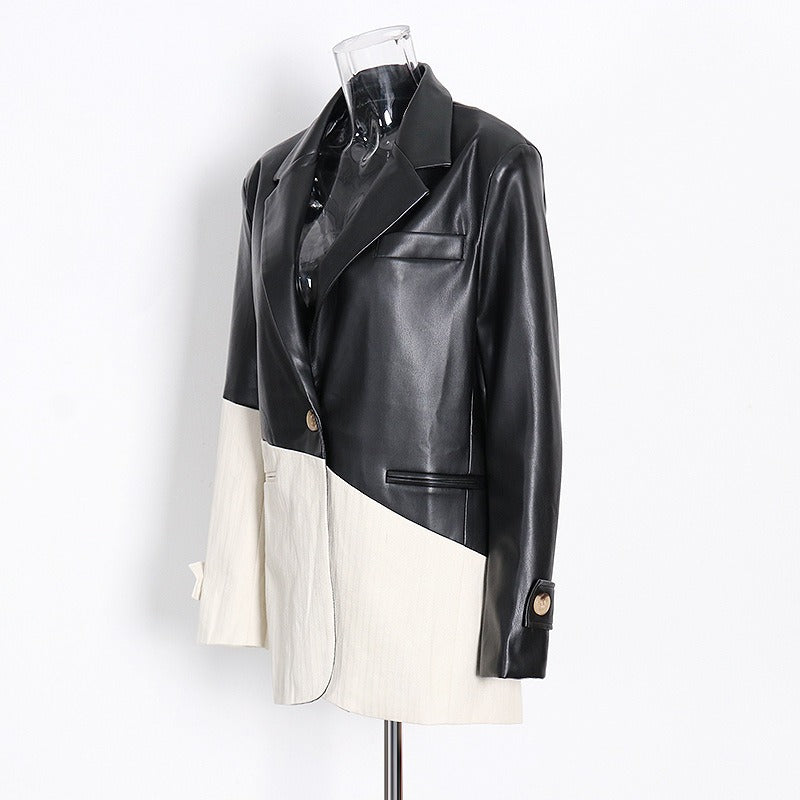 Patchwork PU Leather Women's Blazer Coat Lapel Collar Long Sleeve Loose Hit Color For Female Casual Coats