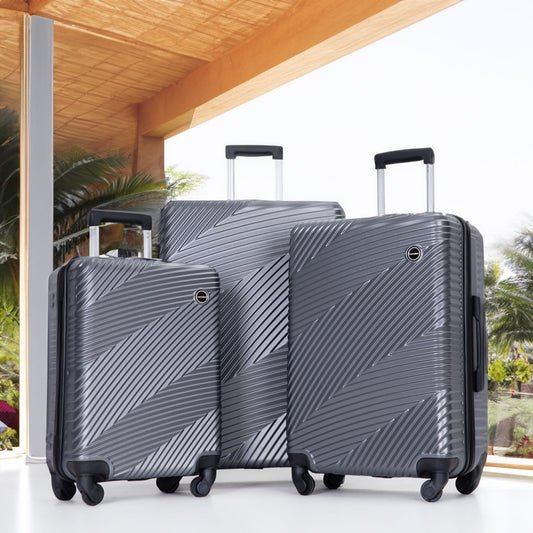 3 Piece Luggage Sets PC+ABS Lightweight Suitcase with Two Hooks Spinner Wheels (20/24/28) Gray