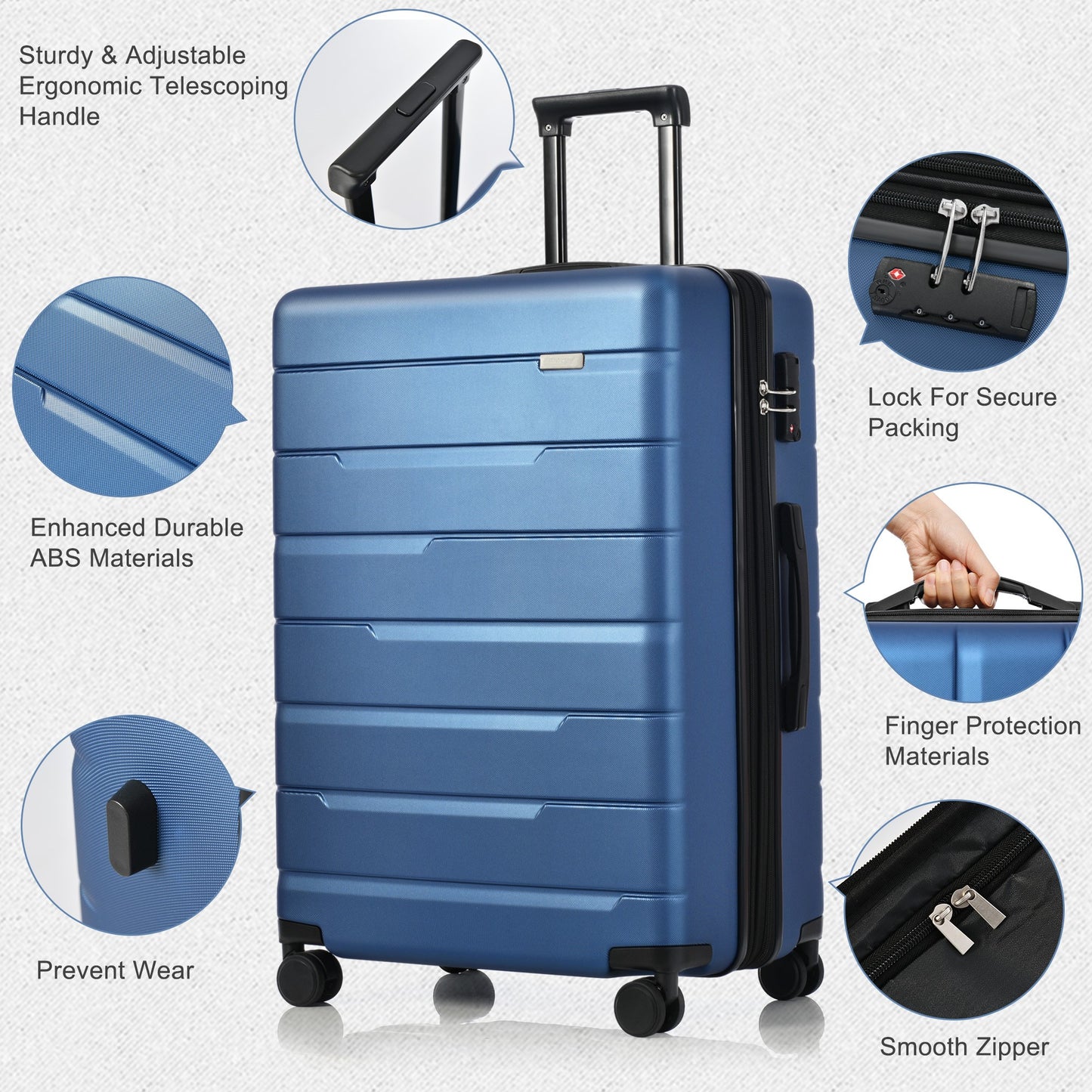 Luggage Sets 3 Piece Suitcase Set 20/24/28 Carry on Luggage Airline Approved Hard Case with Spinner Wheels Navy