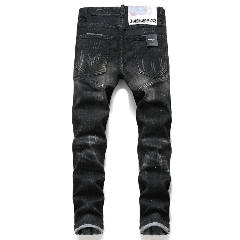 Chareiharper DSQ Men's Jeans Straight Fit Elastic Cotton Black Paint