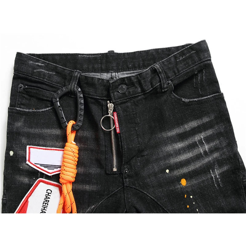 Chareiharper DSQ Men's Jeans Straight Fit Elastic Cotton Black Paint