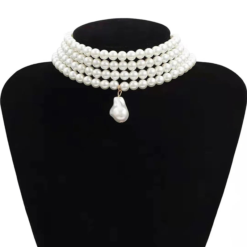 Classic Layered Strand Round Pearls Beads Collar Choker