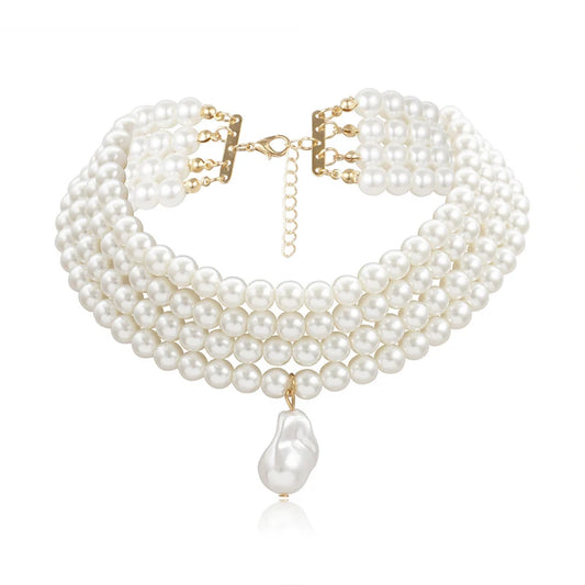 Classic Layered Strand Round Pearls Beads Collar Choker