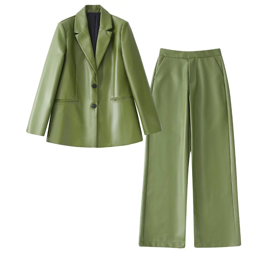 Summer New Women's Faux Leather Casual Suit Coat+Leather Pants Set