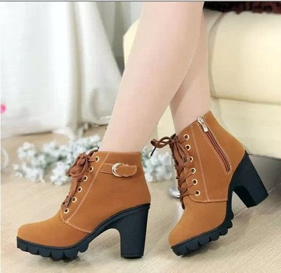 Autumn and Winter New High Heel Women's Boots Cross Tie Short Boots Thick Heel Martin Boots Leather Boots