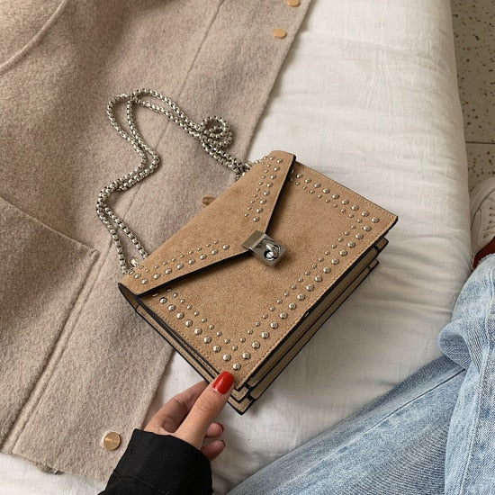 Scrub Leather Brand Designer Shoulder Simple Bags For Women Chain Rivet