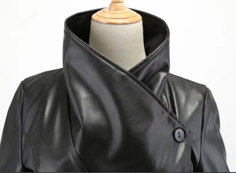 Women Medium long sleeves Coat autumn winter large lapel leather Temperament Buttons PU jacket