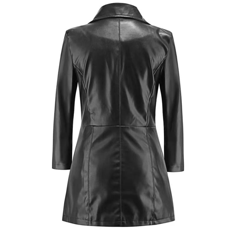 Women Medium long sleeves Coat autumn winter large lapel leather Temperament Buttons PU jacket