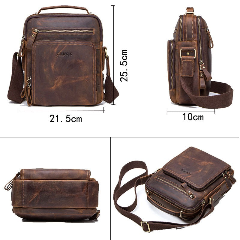 Retro Crazy Horse Cowhide Men's Crossbody Bag Multi functional Casual Men's Dual purpose Leather Handheld Shoulder Bag