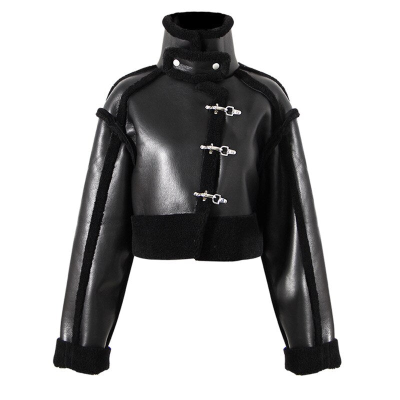 Black Leather Big Size Thick Short Jacket New Stand Collar Long Sleeve Women Coat Fashion Spring Autumn