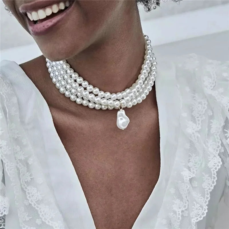 Fashion Elegant Multilayer White Imitation Pearl Choker