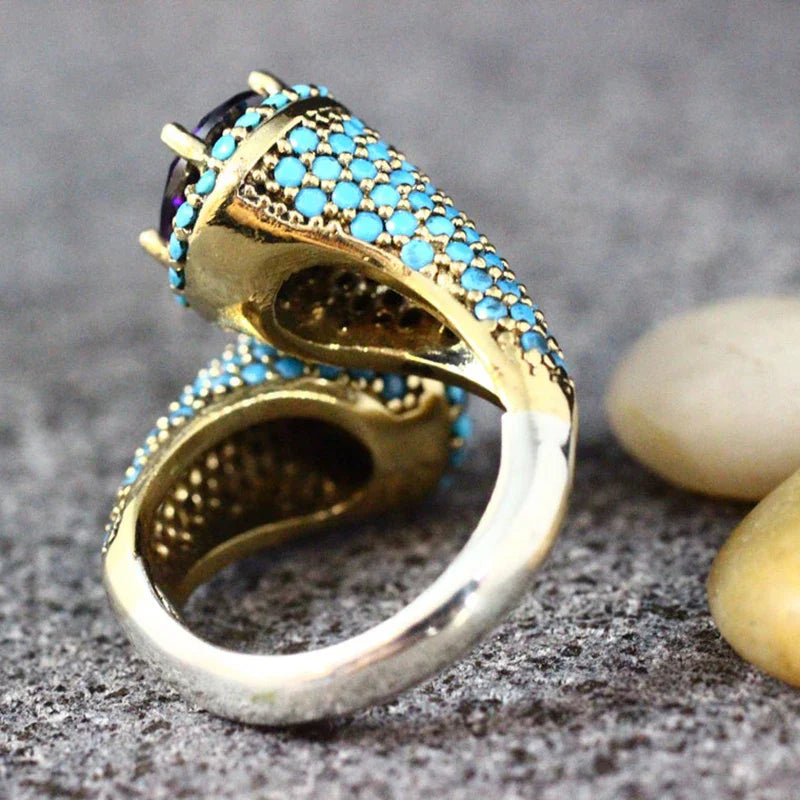 Vintage Gold Color Turquoises Beaded Opening Ring For Women Girls Punk Gothic Party Retro Purple Zircon Jewelry Gift G4M853