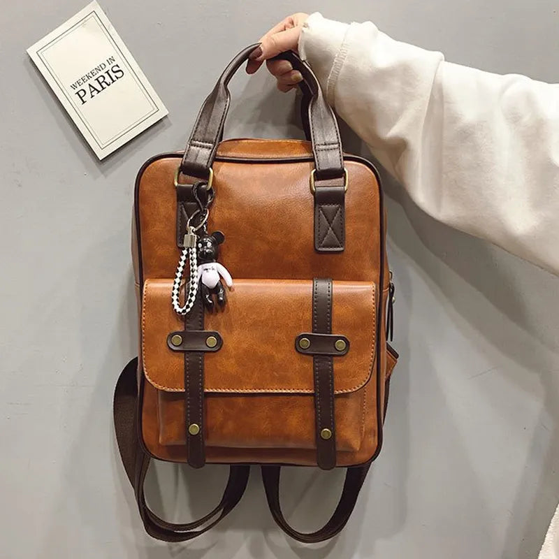 Brown School Bags for Teenages Waterproof Vintage Laptop Leather Big Travel Backpack