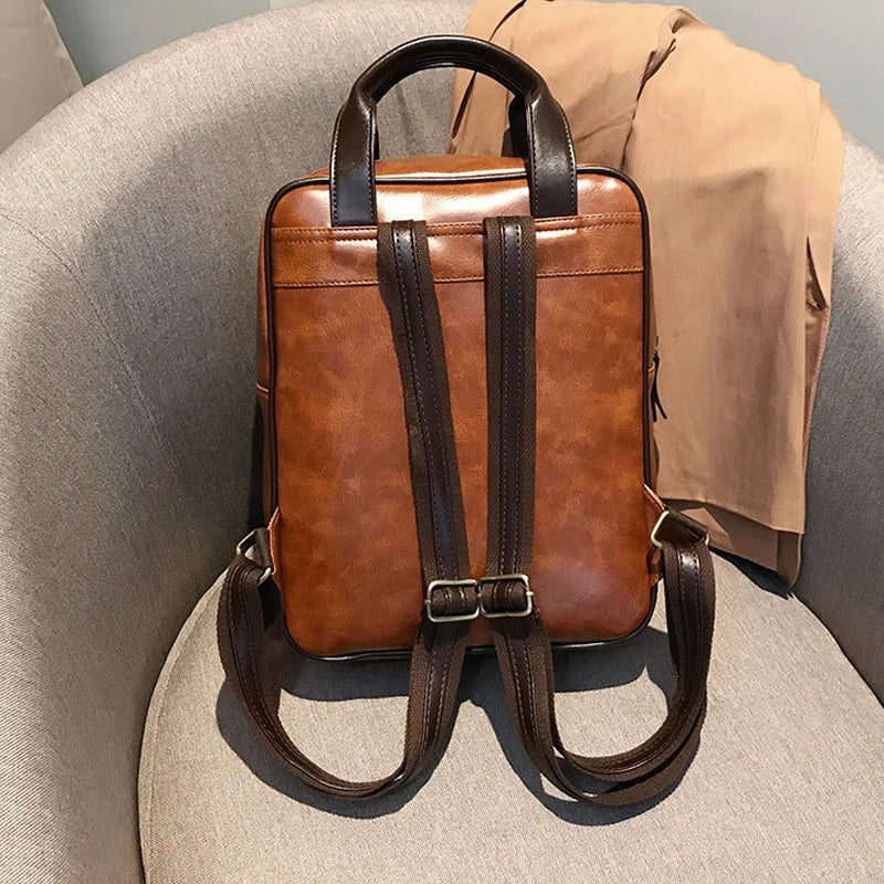 Brown School Bags for Teenages Waterproof Vintage Laptop Leather Big Travel Backpack