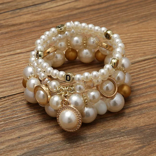 Imitation Pearl Stretch Bead Bracelets Set For Women Metal Adjustable Elastic Charms Vintage Strand Girls' Fashion Jewelry C1306