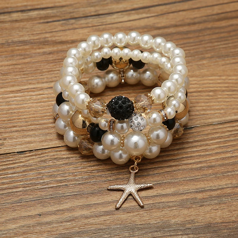 Imitation Pearl Stretch Bead Bracelets Set For Women Metal Adjustable Elastic Charms Vintage Strand Girls' Fashion Jewelry C1306