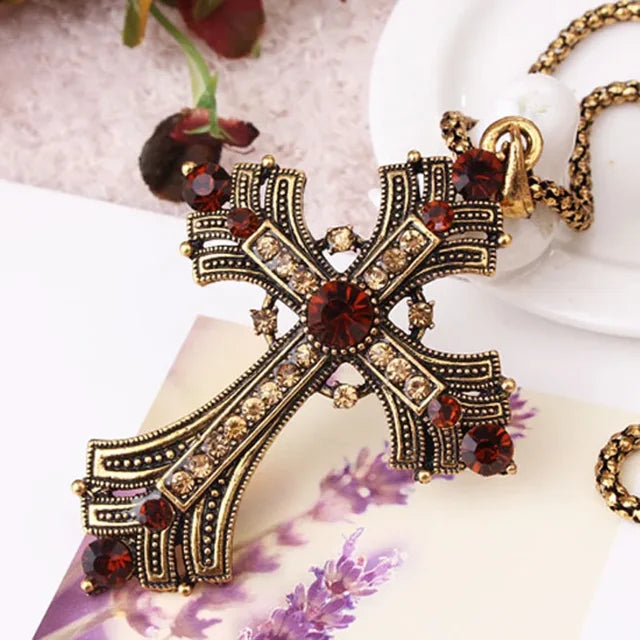 Large Detailed Rhinestone Cross Jewel Necklace