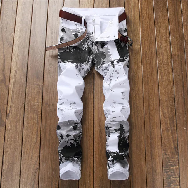 Light Luxury Men’s Slim-fit Milk White Jeans,High Quality Print Jeans, Stylish Street Fashion Jeans,Classic Casual Jeans;