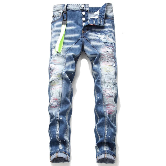 Light luxury men’s slim fit stitching decors blue denim jeans