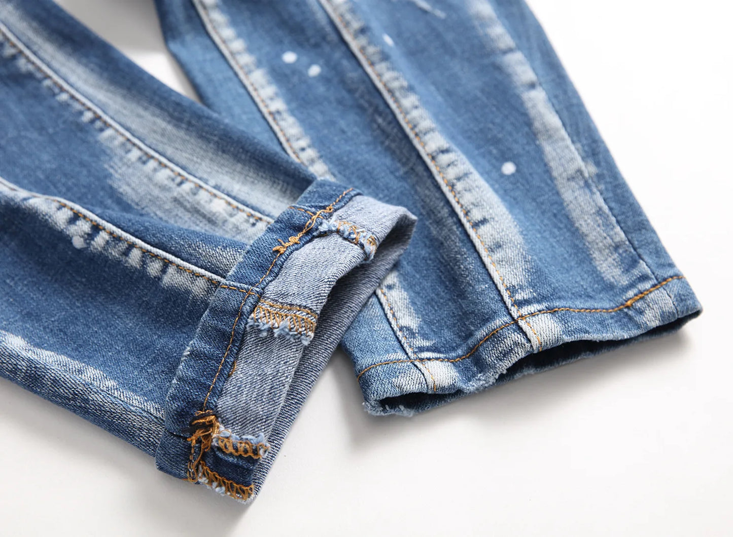 Light luxury men’s slim fit stitching decors blue denim jeans