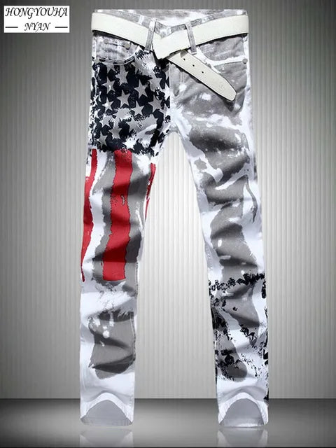 Mens Jeans Male American Flag Printed Streetwear Casual