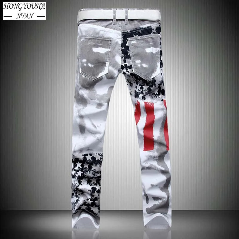 Mens Jeans Male American Flag Printed Streetwear Casual