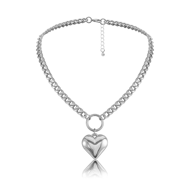 Metal Link Chain Necklace For Women Heart Pendant Short Style Choker