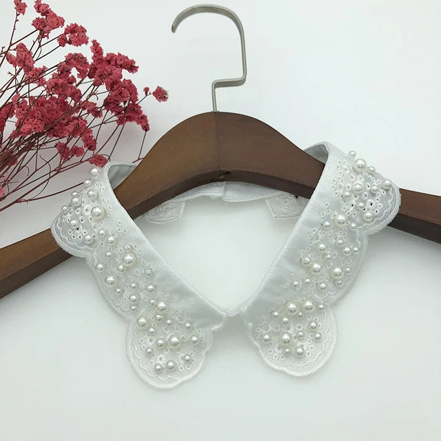 Women Detachable Pearl Fake Collar Retro Lace Beaded Collar Choker Necklace