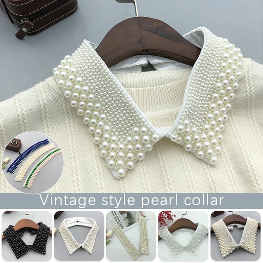 Women Detachable Pearl Fake Collar Retro Lace Beaded Collar Choker Necklace