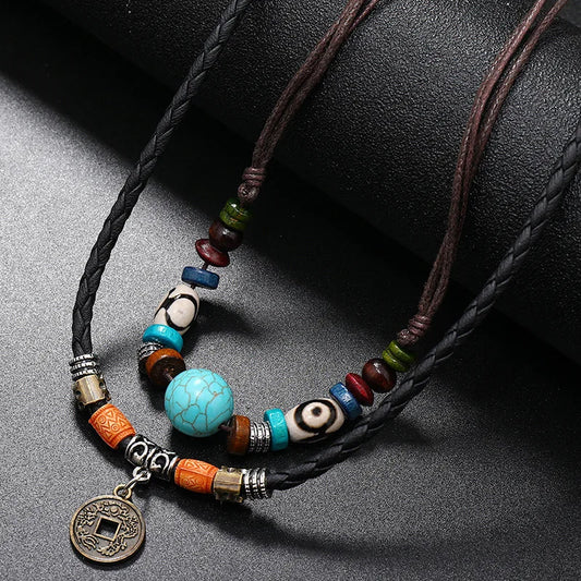ZORCVENS Goth Multi-layer Vintage Coin Pendant Leather Beaded Weaved
