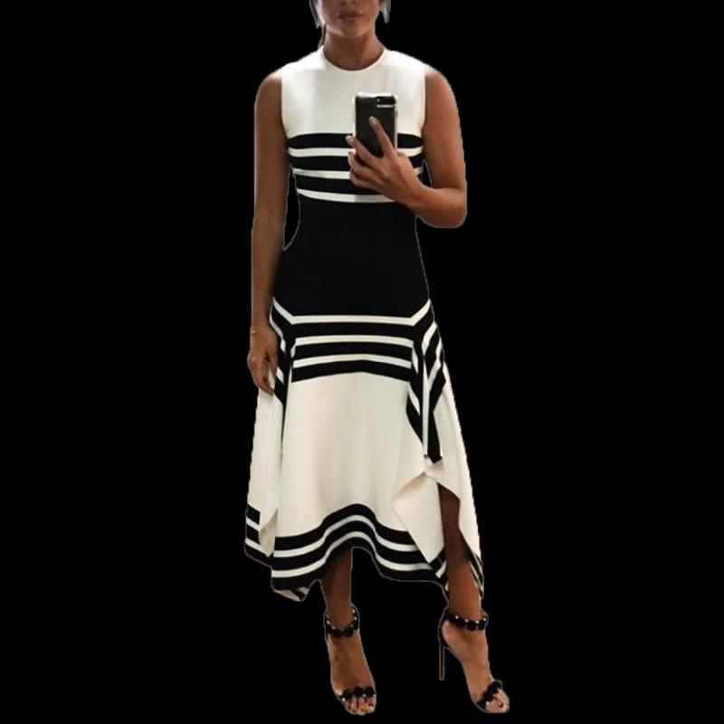 Plus Size 2020 Summer Women Dress Casual Sleeveless O-neck Knee-Length Fit and Flare Black White Stripe Print Irregular Dress