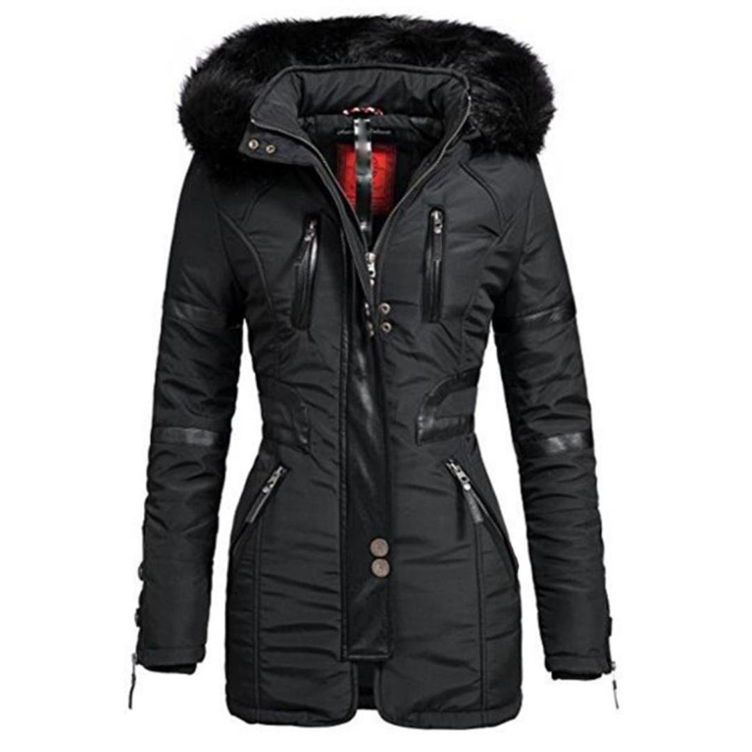 Rosetic Women Black Coat Winter Long Sleeve Hooded Mid-Length Women's Jacket Fur Warm Thick Slim Gothic Female Zipper Coat New