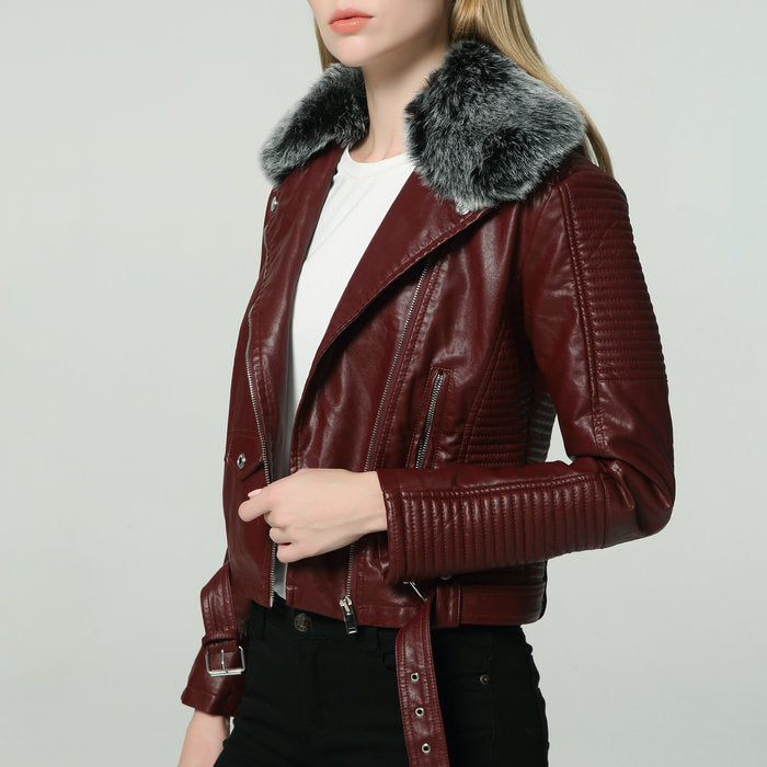 Women Winter Warm Faux Leather Jackets with Fur Collar