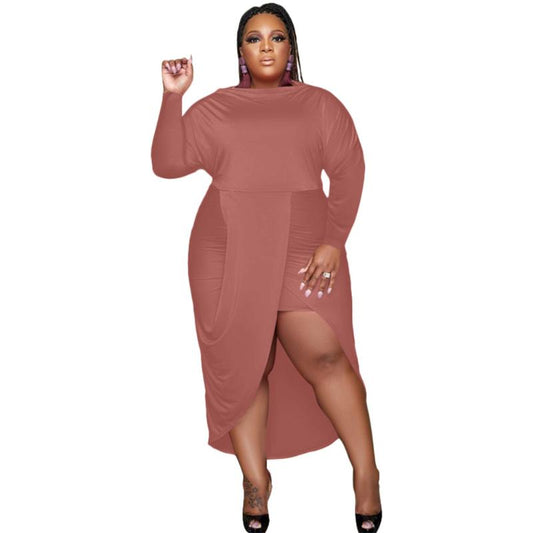 Plus Size Dresses Women Clothing Pure Color Fashion Leisure Round Neck Long Sleeve Personality Joining Together Dress Wholesale Items